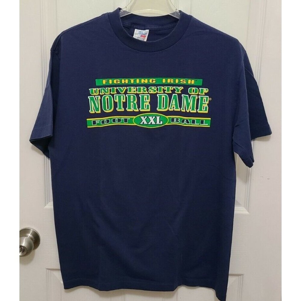 Vtg 90s Notre Dame University Football Fighting Irish Shirt Blue Single Stitch L